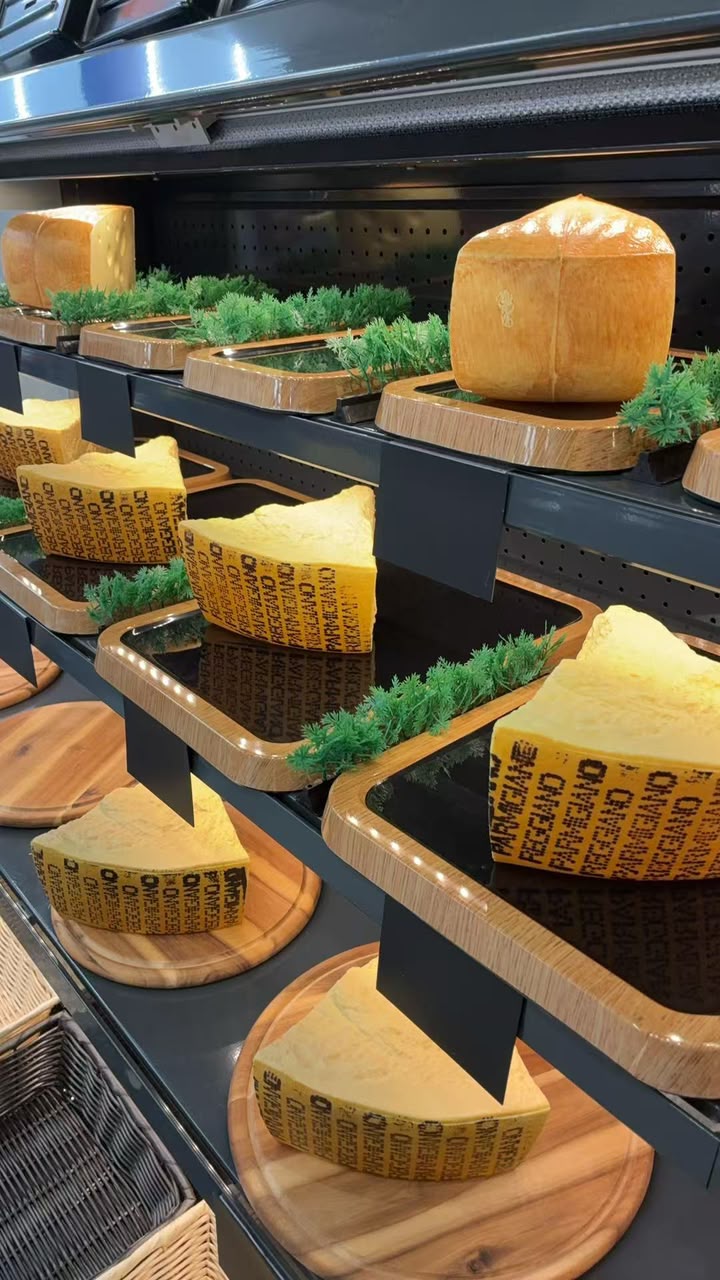 Grüne Deko-Streifen zwischen Schalen mit Parmigiano Reggiano in einer Käsevitrine